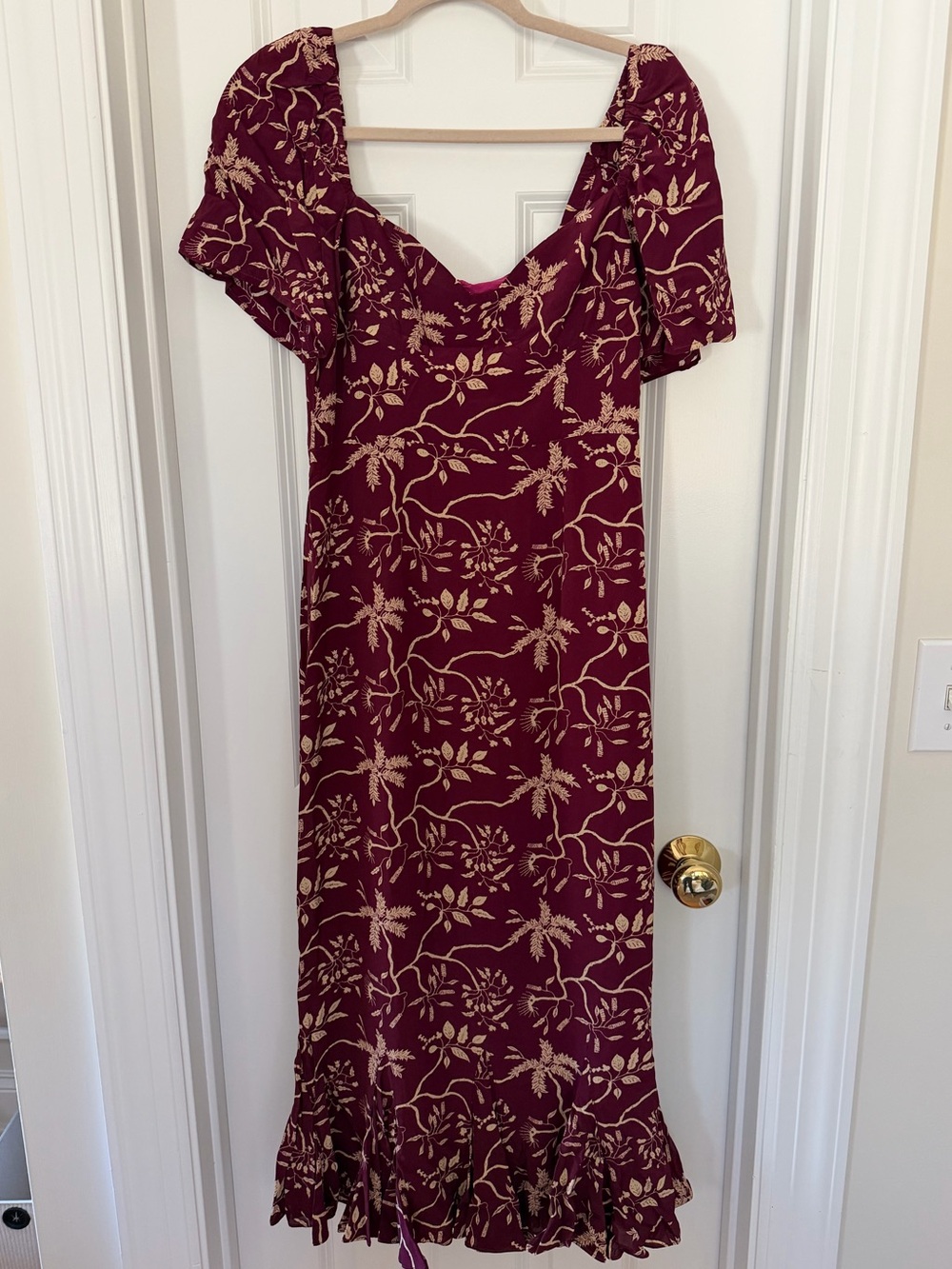 RHODE Burgundy Floral Puff Sleeve Ruffle Hem Midi Dress Size 6 - Picture 2 of 5